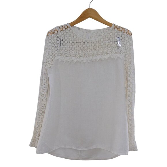 Vintage-Look Ivory White Crochet Lace Boho Top 100% Linen Women's Size Large - Picture 2 of 7